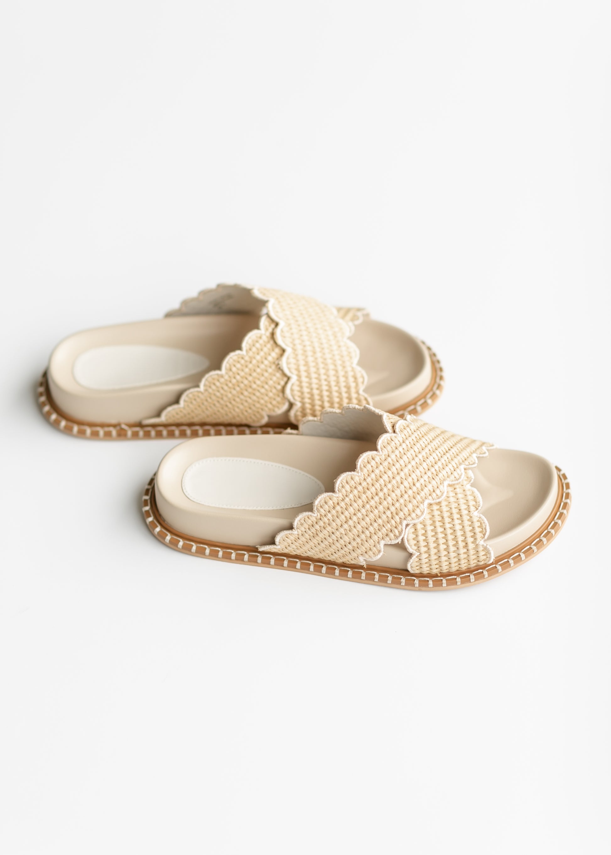 Beige Double Strap Raffia Slide Shoes