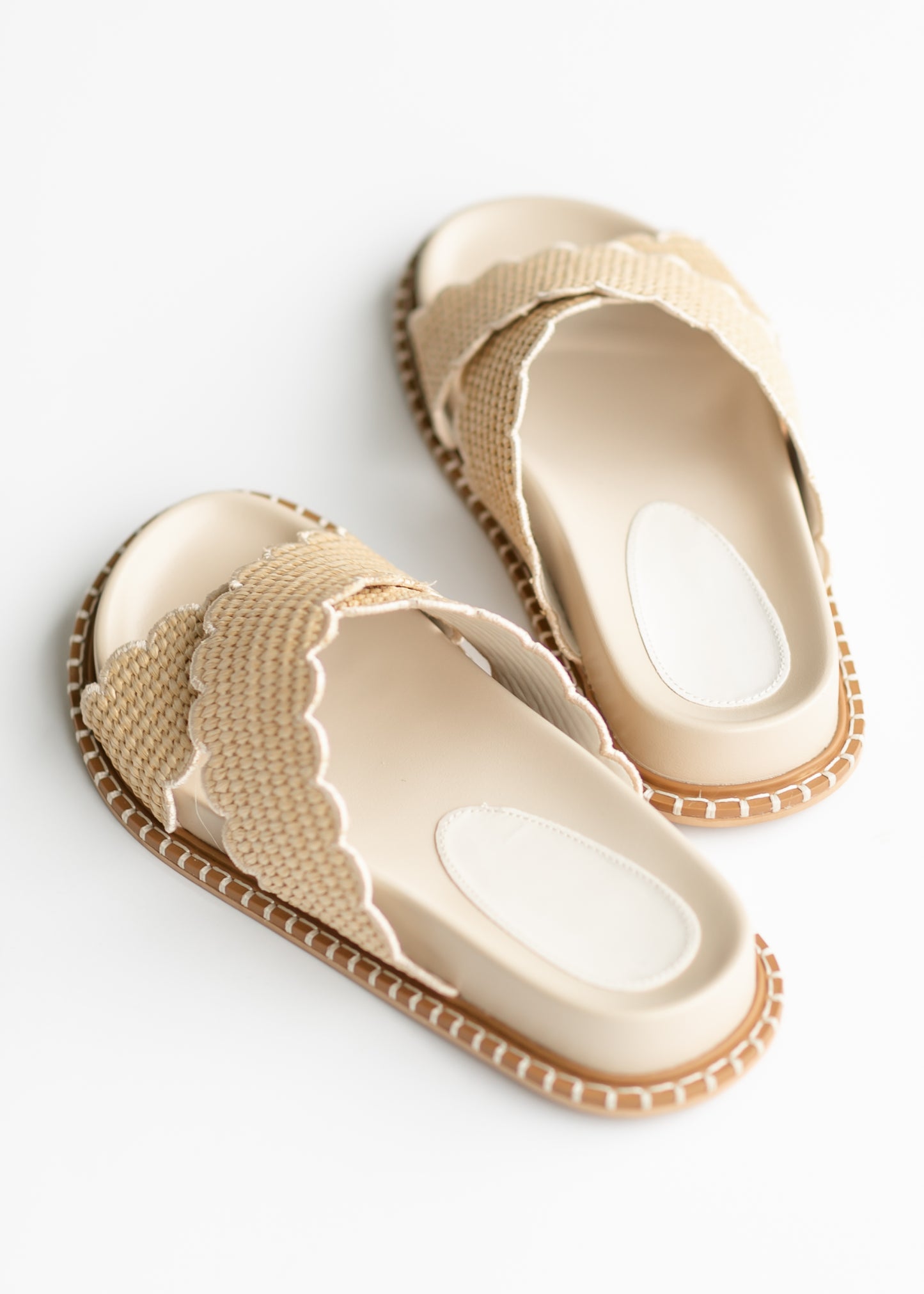 Beige Double Strap Raffia Slide Shoes