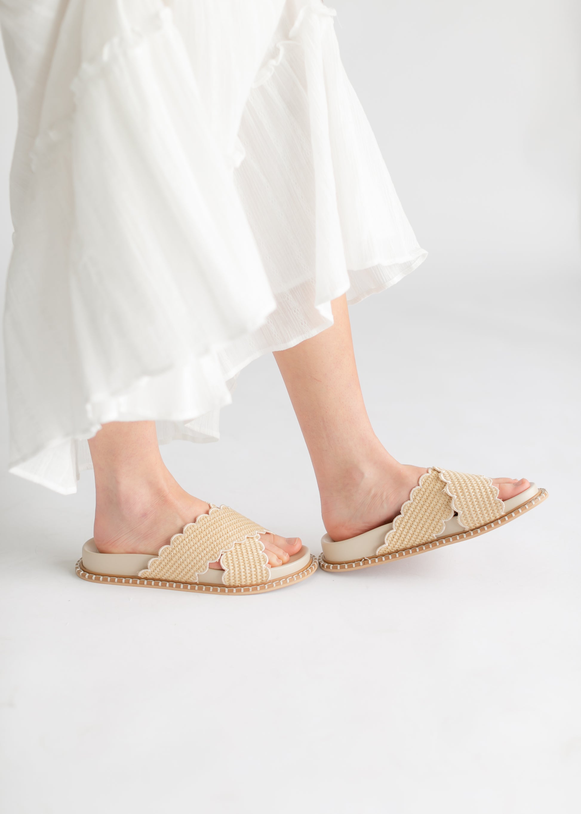 Beige Double Strap Raffia Slide Shoes