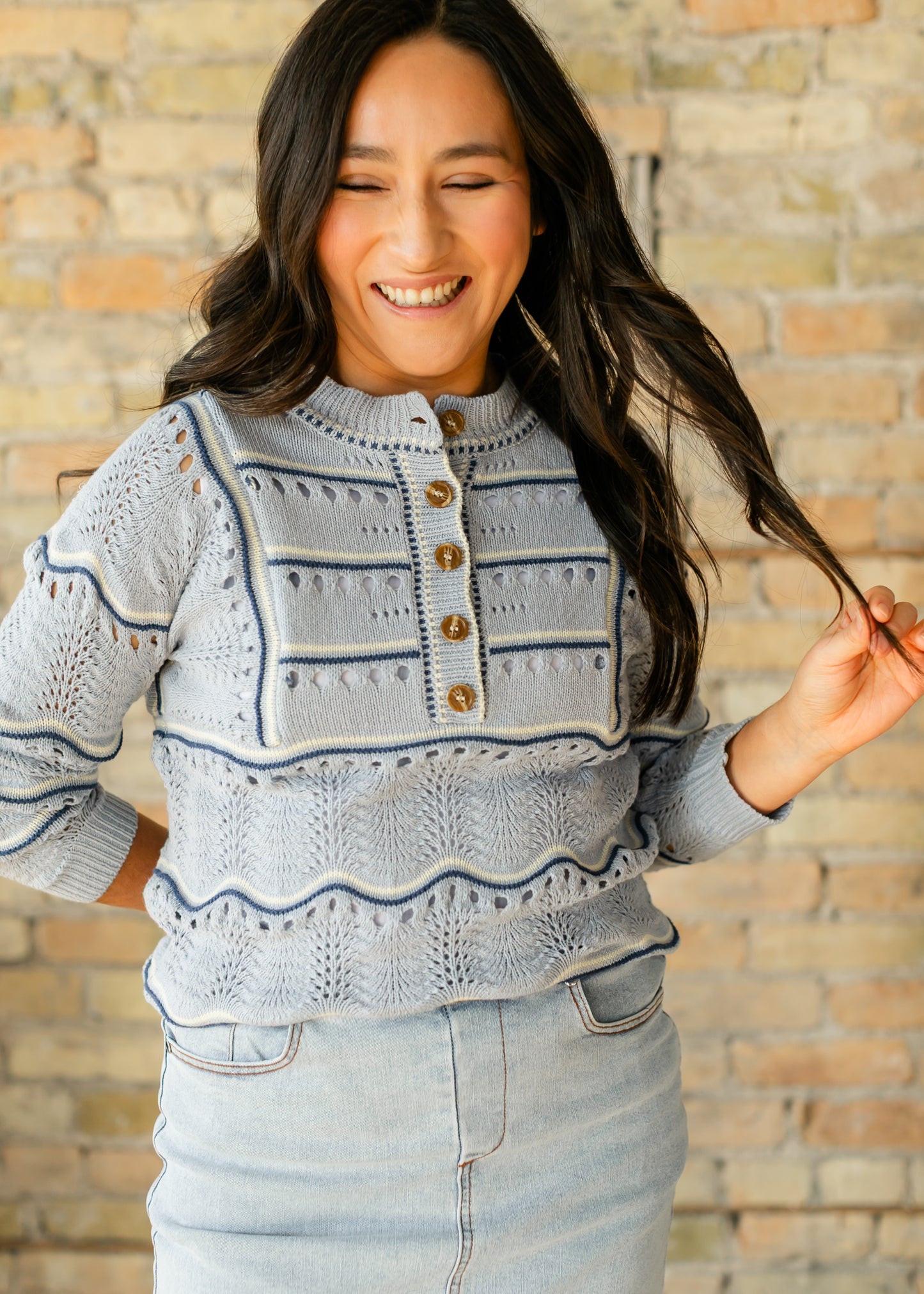 Elora Blue Quarter Button Sweater