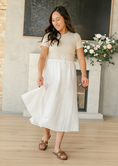 White Eyelet Lace Drawstring Midi Skirt