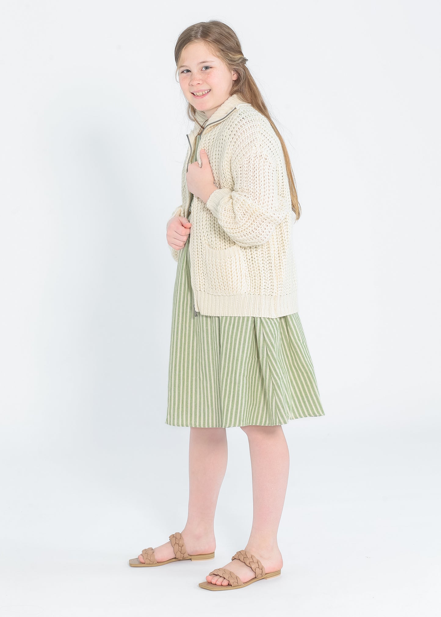 Girl's Zip-up Cream Knit Sweater - FINAL SALE