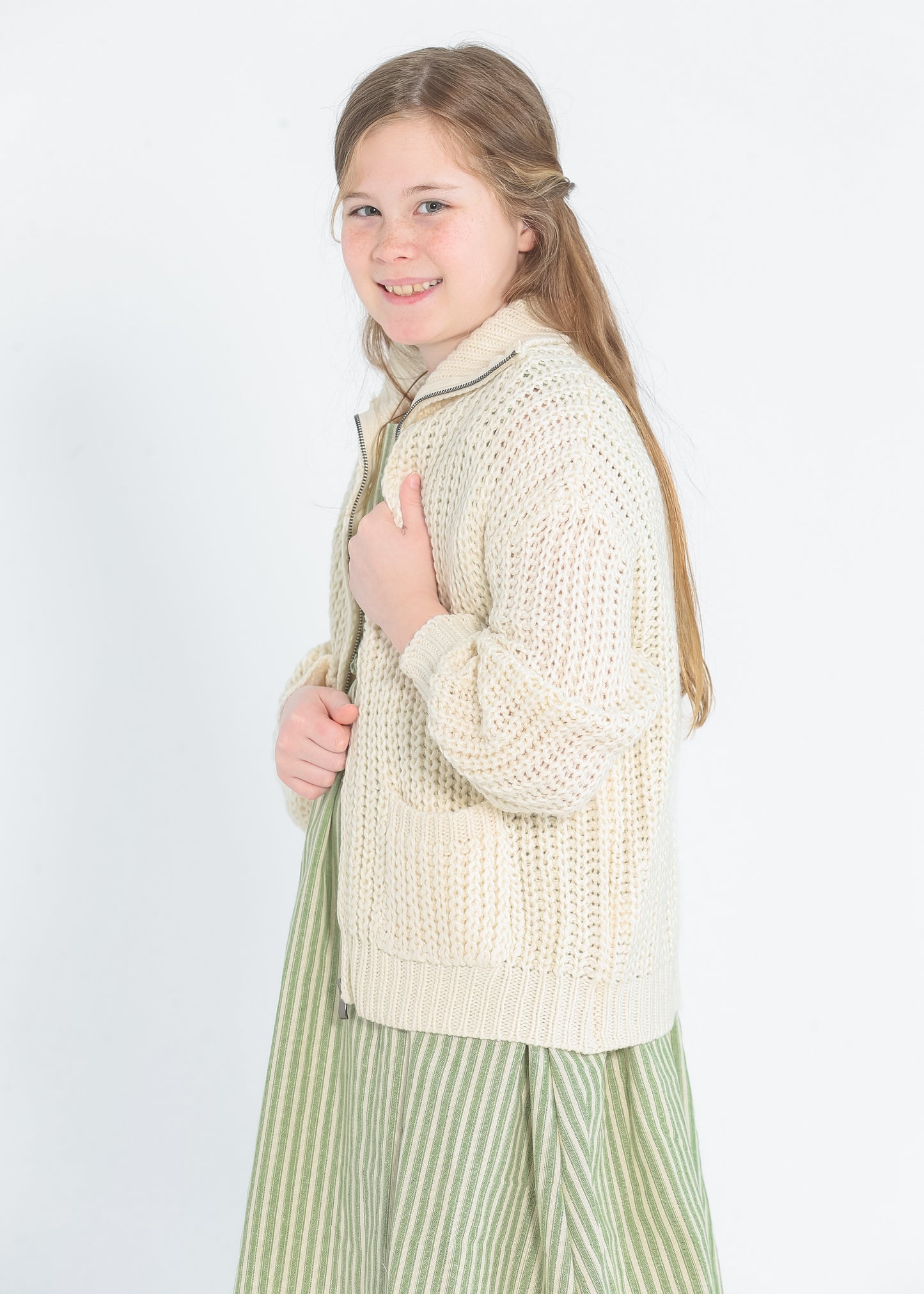 Girl's Zip-up Cream Knit Sweater - FINAL SALE