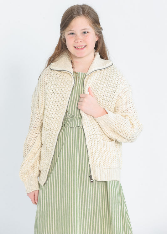 Girl's Zip-up Cream Knit Sweater - FINAL SALE