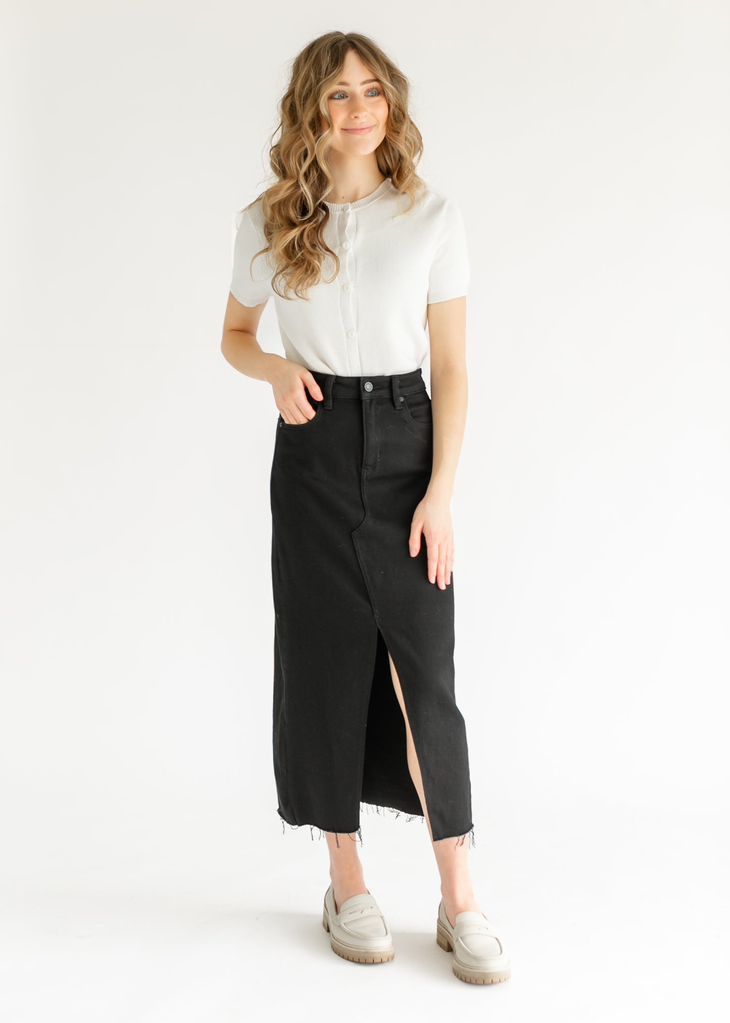 High Rise Midi Black Denim Skirt