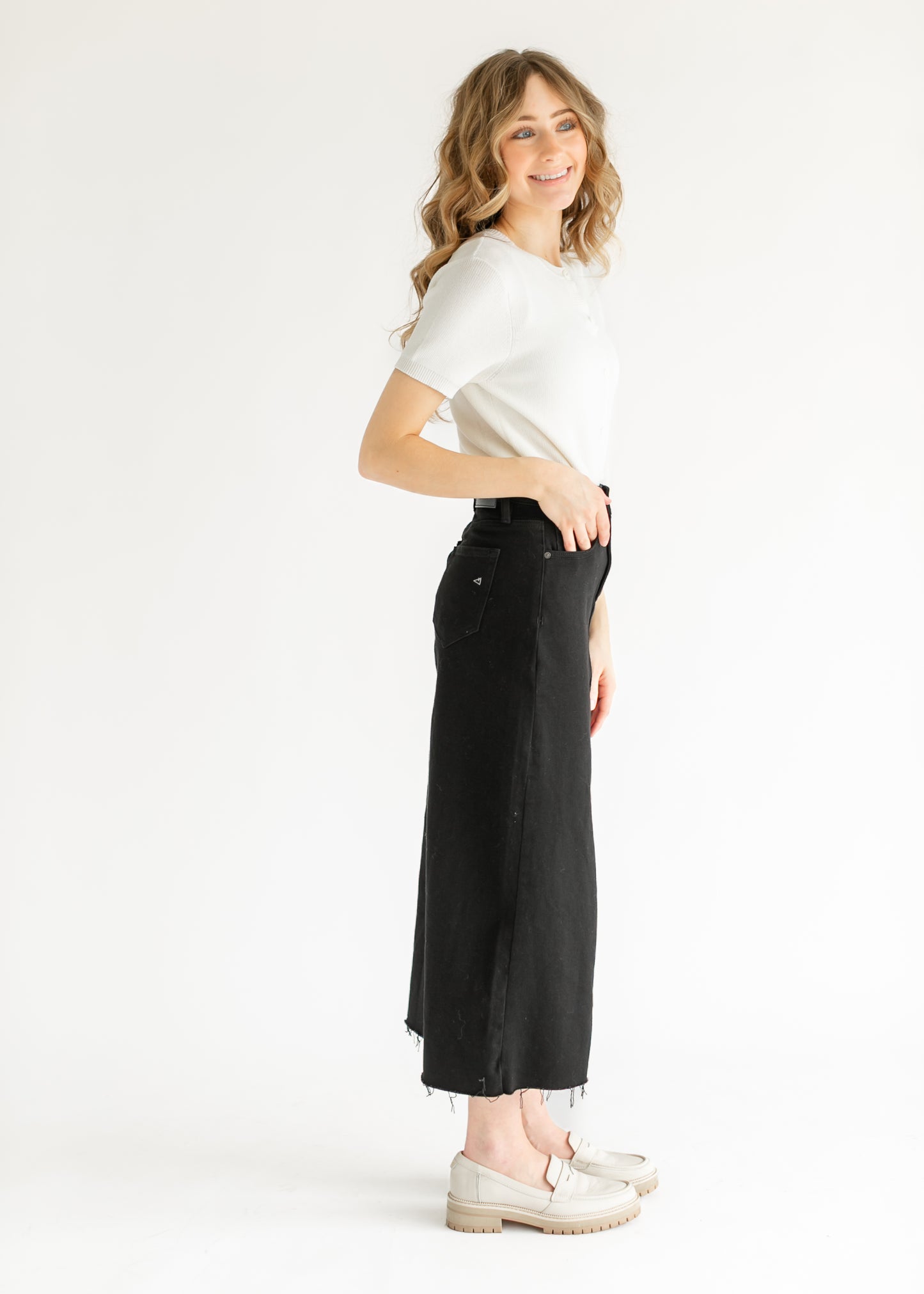 High Rise Midi Black Denim Skirt