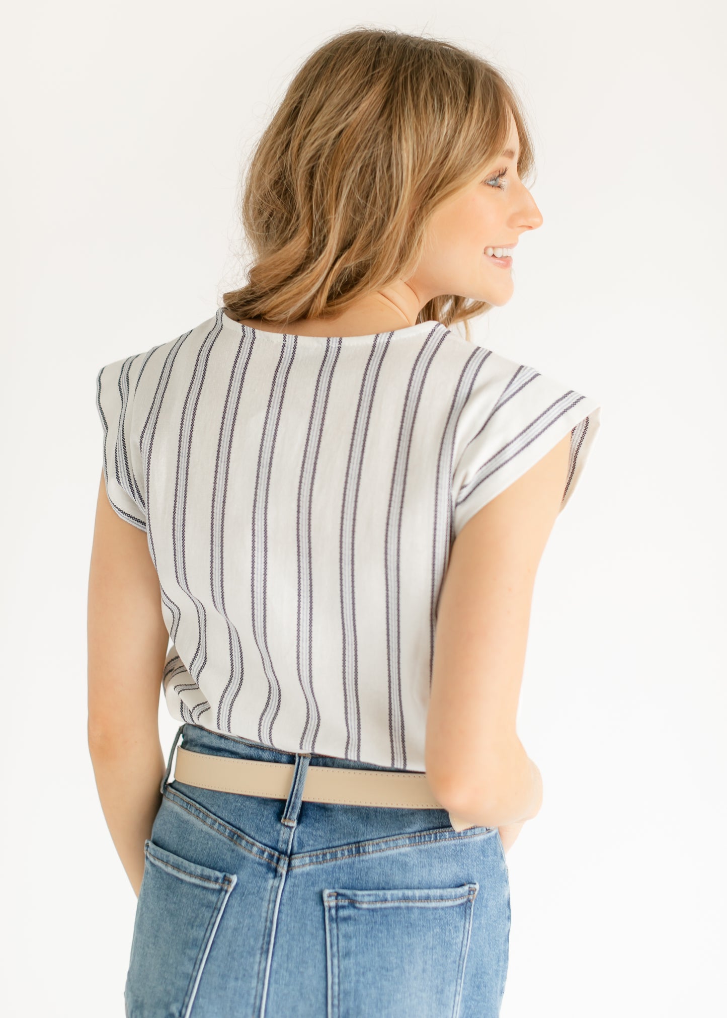 Madison Striped V-neck Short Sleeve Flowy Top