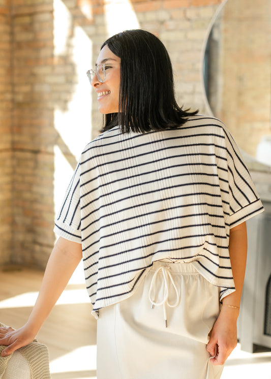 Navy Striped Dolman Sleeve Knit Top