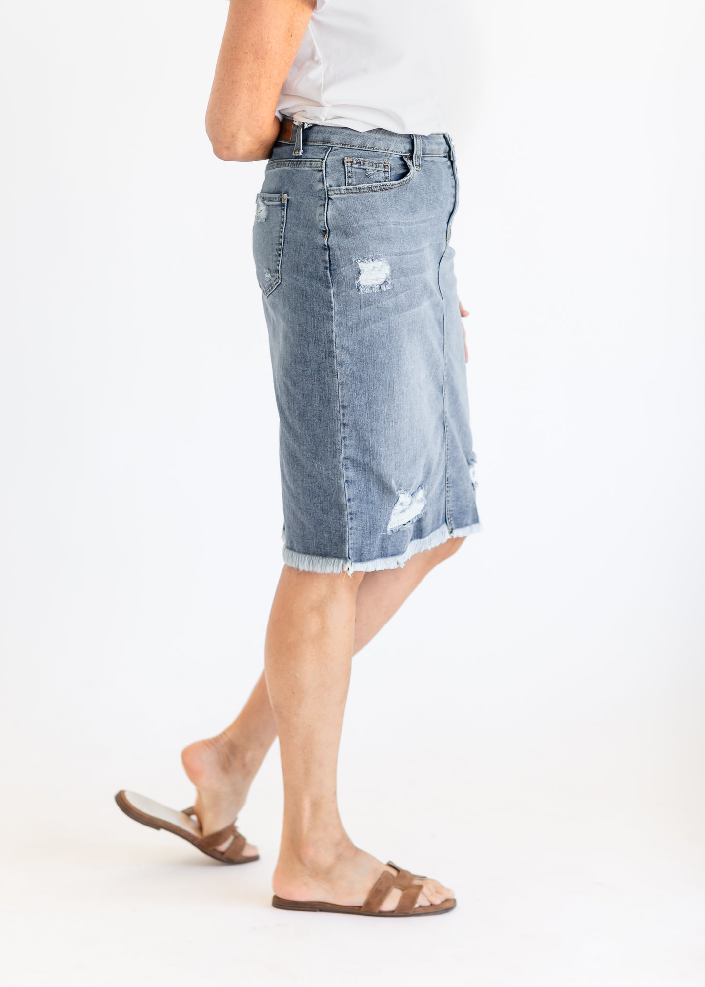 Presley Distressed Denim Midi Skirt