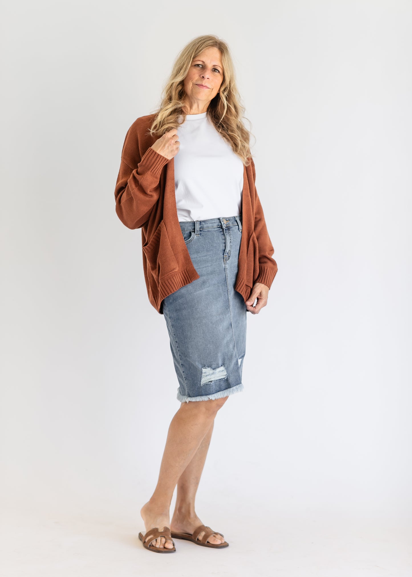 Presley Distressed Denim Midi Skirt