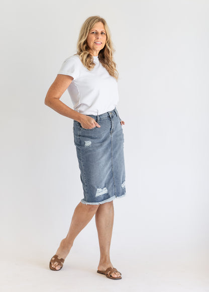 Presley Distressed Denim Midi Skirt