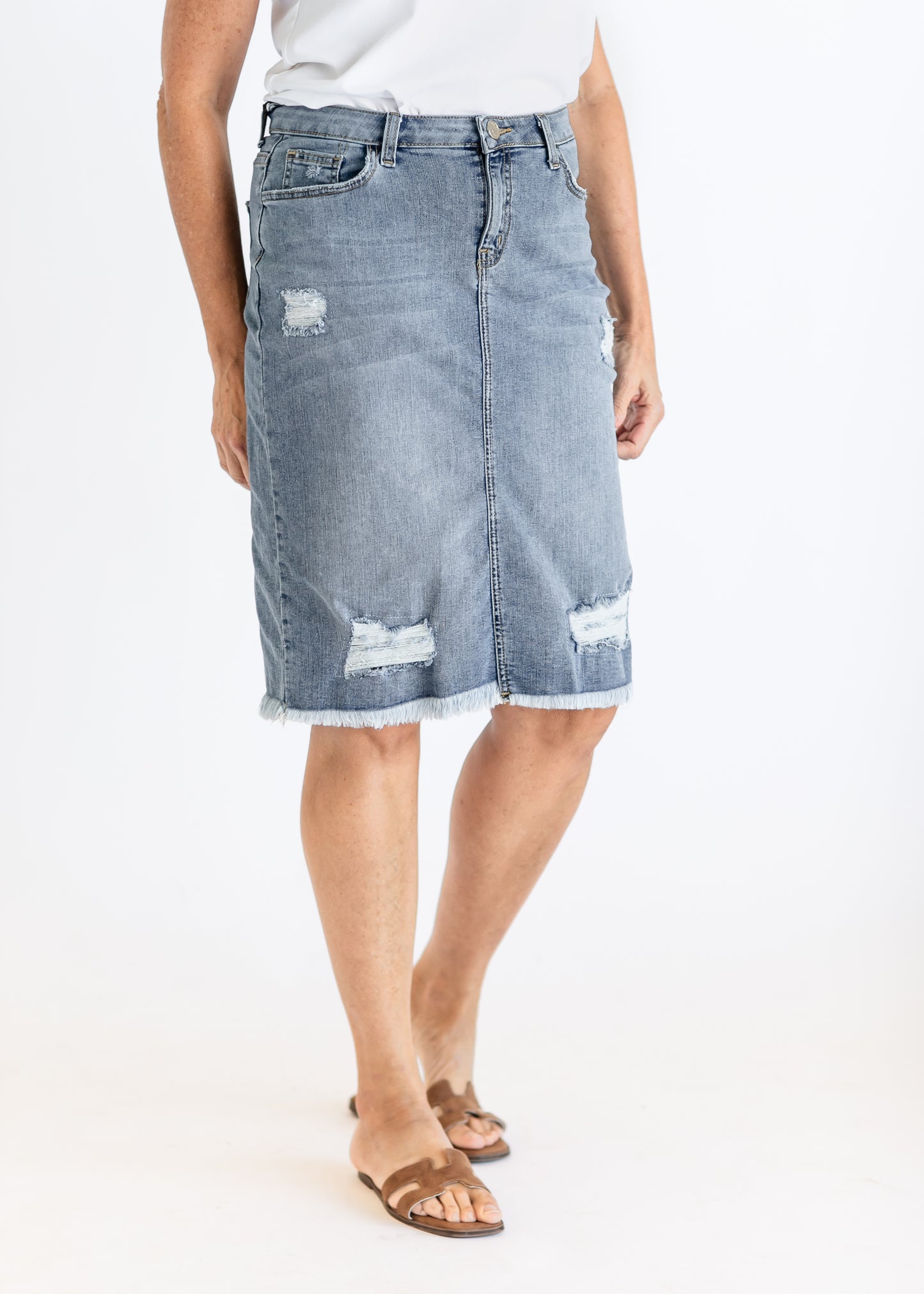 Presley Distressed Denim Midi Skirt