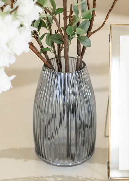 Ribbed Blue Gray Glass Vase