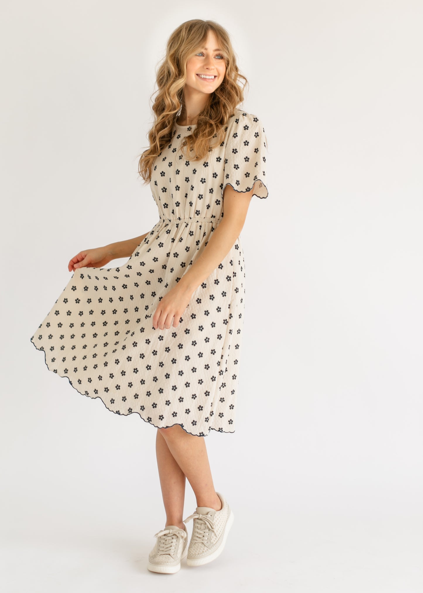 Scallop Edge Navy Floral Midi Dress FF Dresses