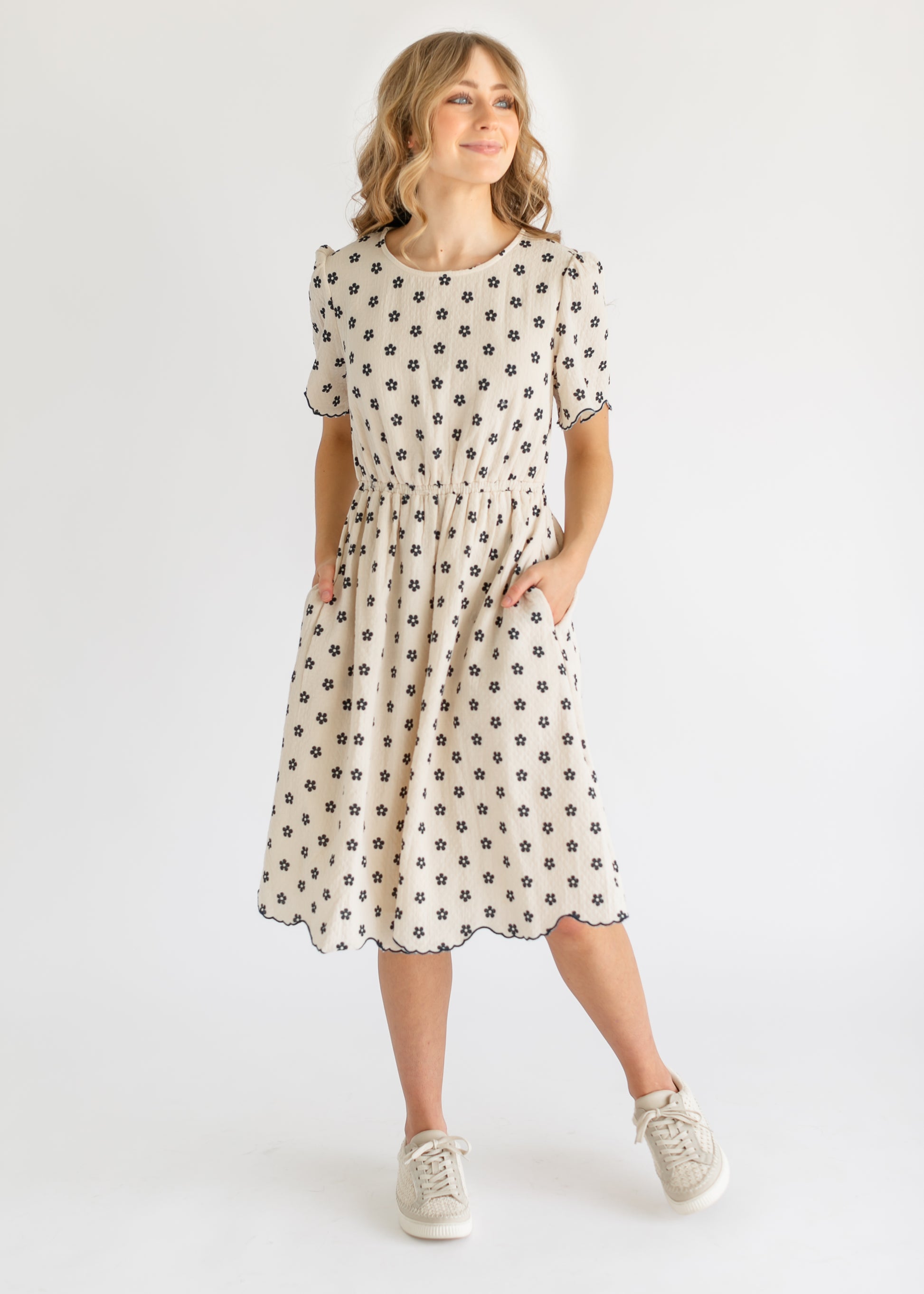 Scallop Edge Navy Floral Midi Dress FF Dresses