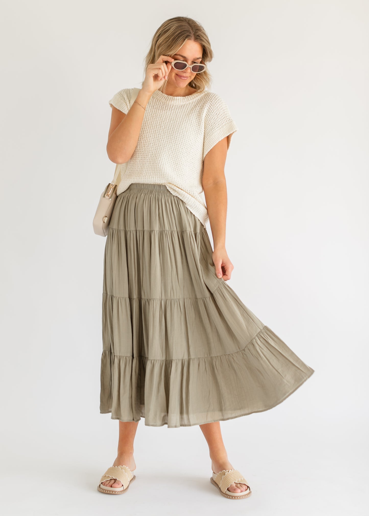 Textured Tiered Elastic Waist Midi Skirt FF Skirts