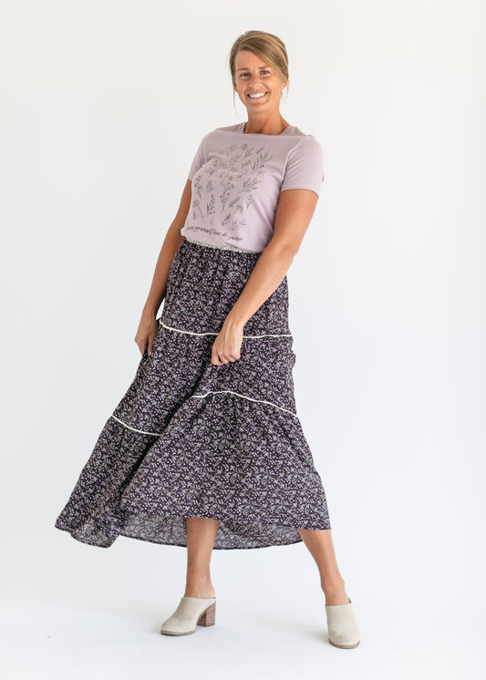 Wilder Purple Floral Lace Tiered Maxi Skirt