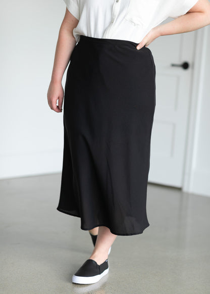 A-line Black Elastic Waist Midi Skirt Skirts