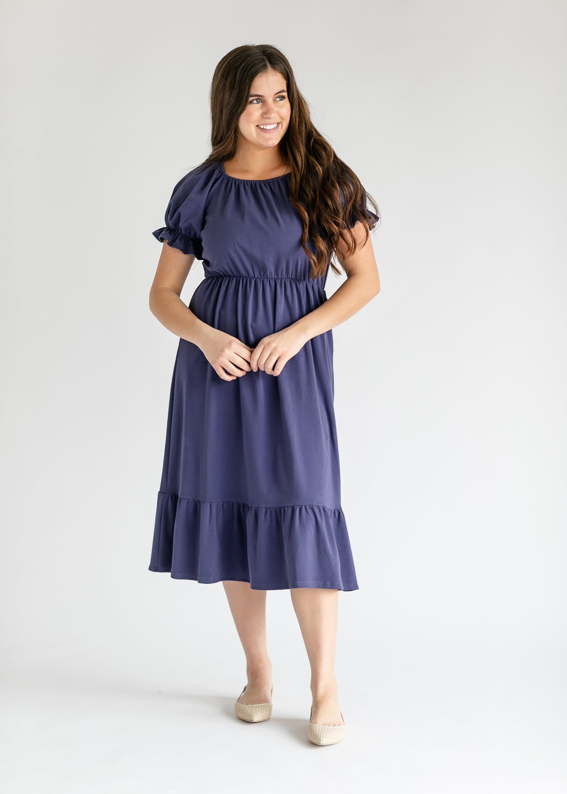 Amy Puff Sleeve Midi Dress IC Dresses Navy / XS