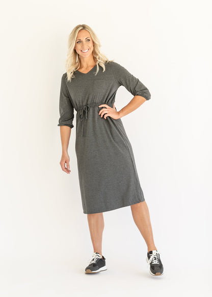 Ashley Long Sleeve Stretch Waist Midi Dress IC Dresses Heathered Black / XS