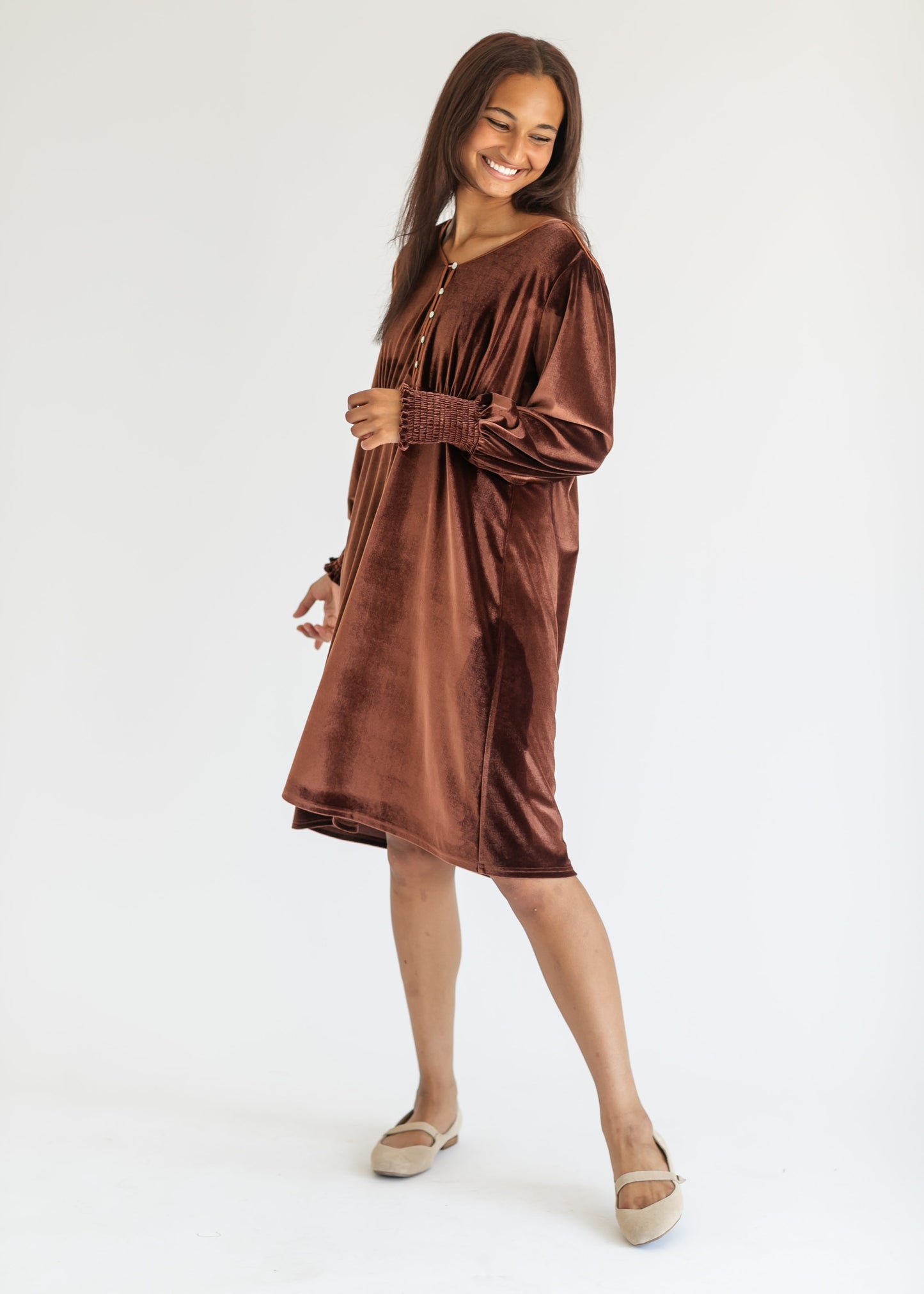 Autumn Quarter Button Velvet Midi Dress FF Dresses