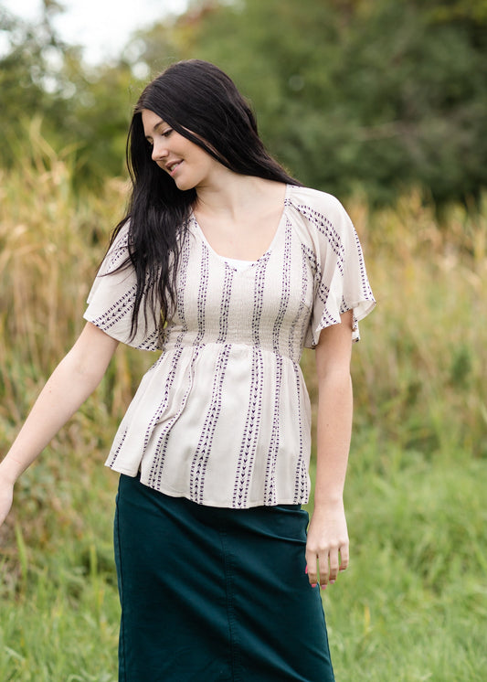 Aztec Print V-Neck Smocking Peplum Blouse Top - FINAL SALE FF Tops