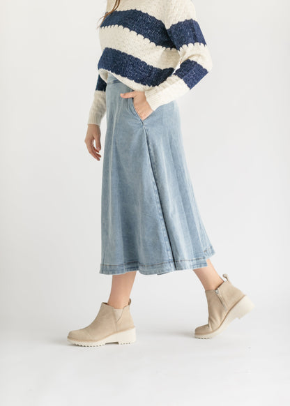 Back Zip A-line Denim Midi Skirt FF Skirts