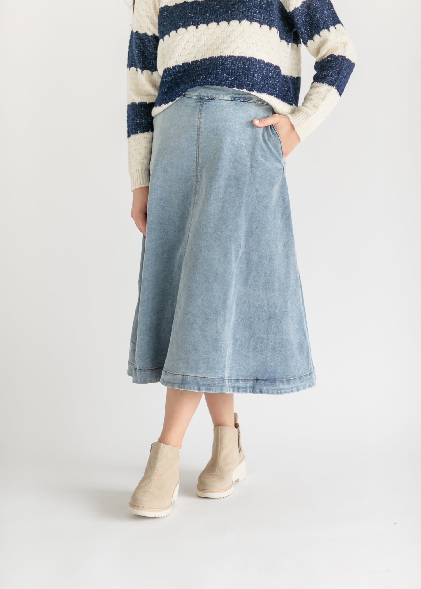 Back Zip A-line Denim Midi Skirt FF Skirts