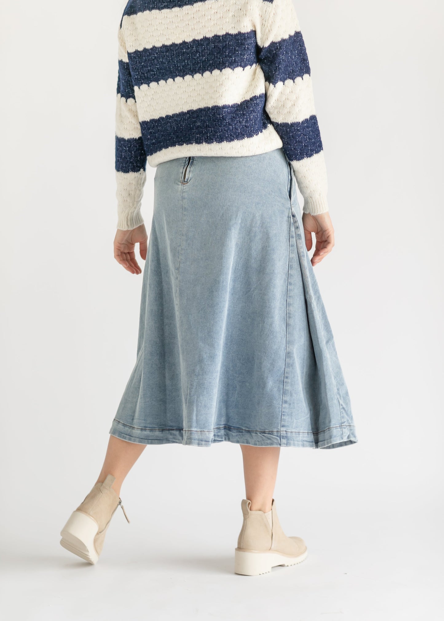 Back Zip A-line Denim Midi Skirt FF Skirts