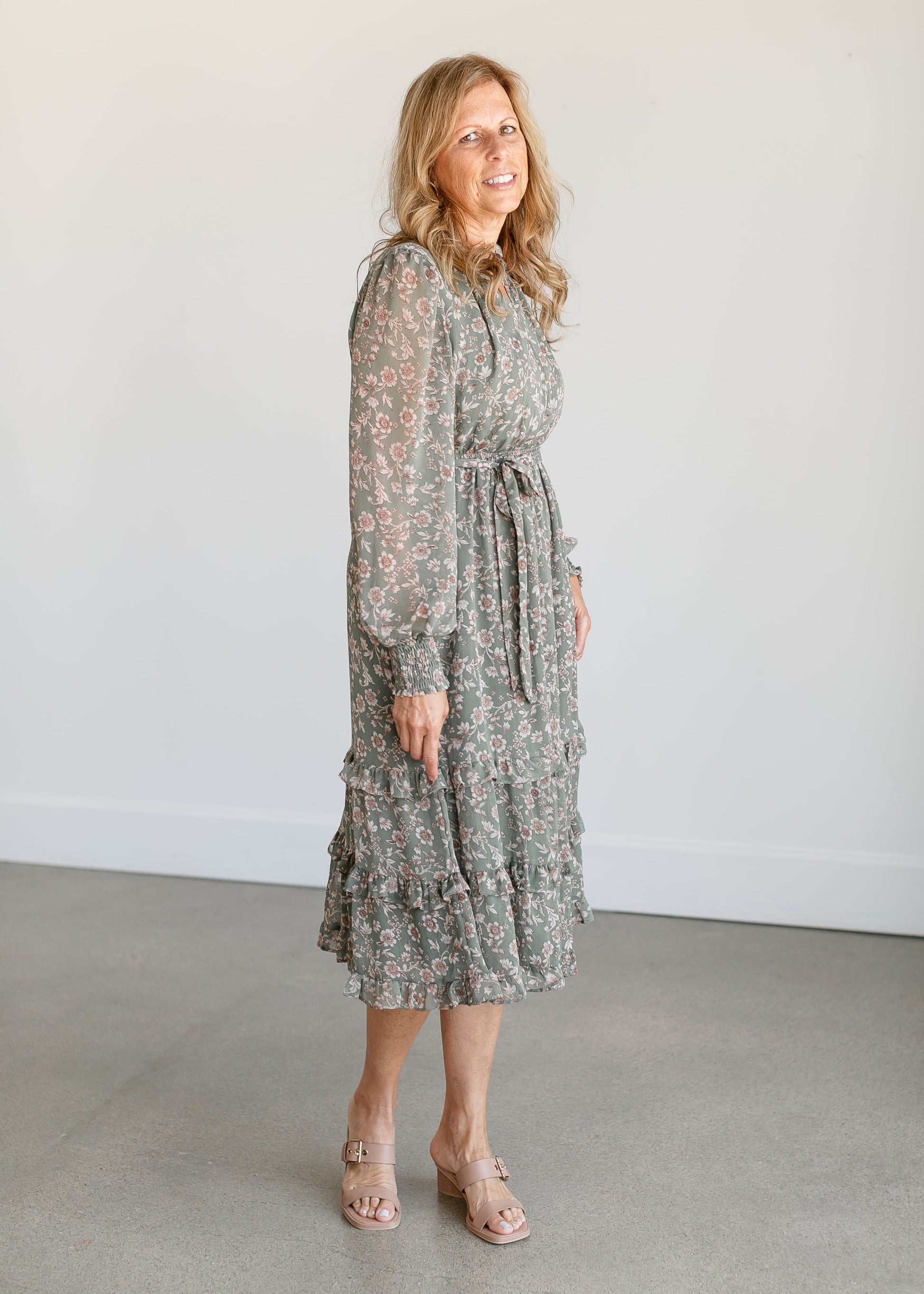 Belted Floral Long Sleeve Midi Dress FF Dresses