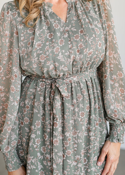 Belted Floral Long Sleeve Midi Dress FF Dresses