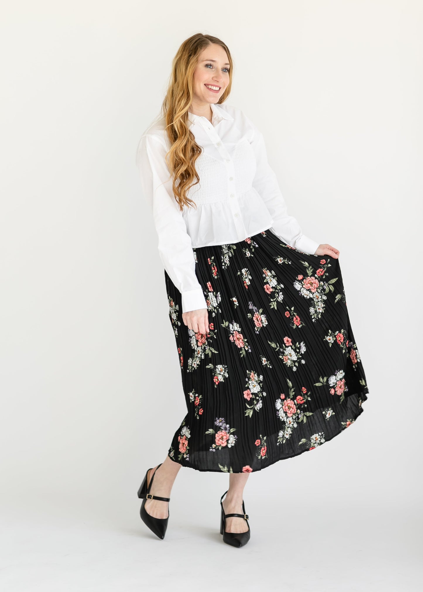 Black Floral Pleated Midi Skirt FF Skirts