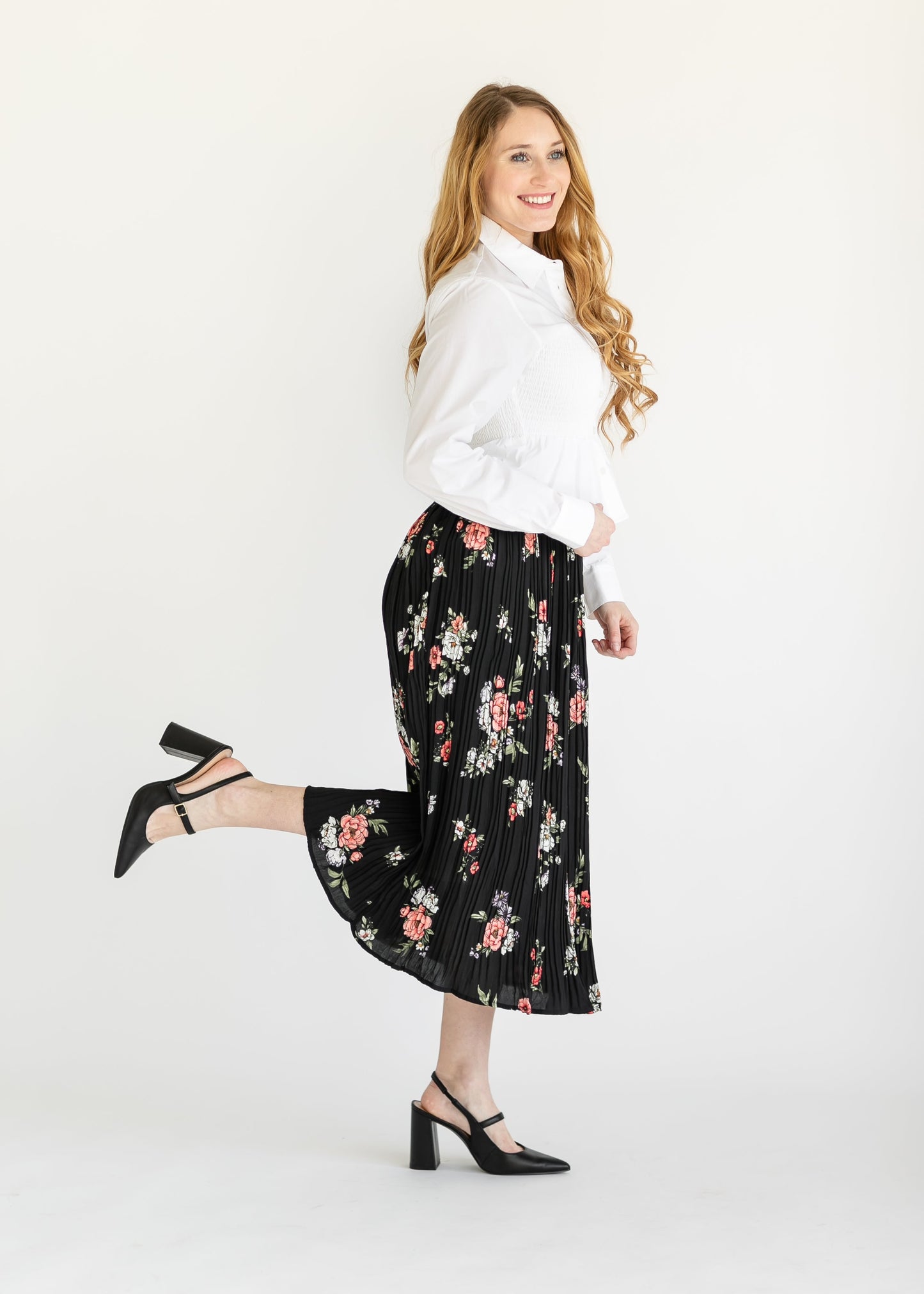 Black Floral Pleated Midi Skirt FF Skirts