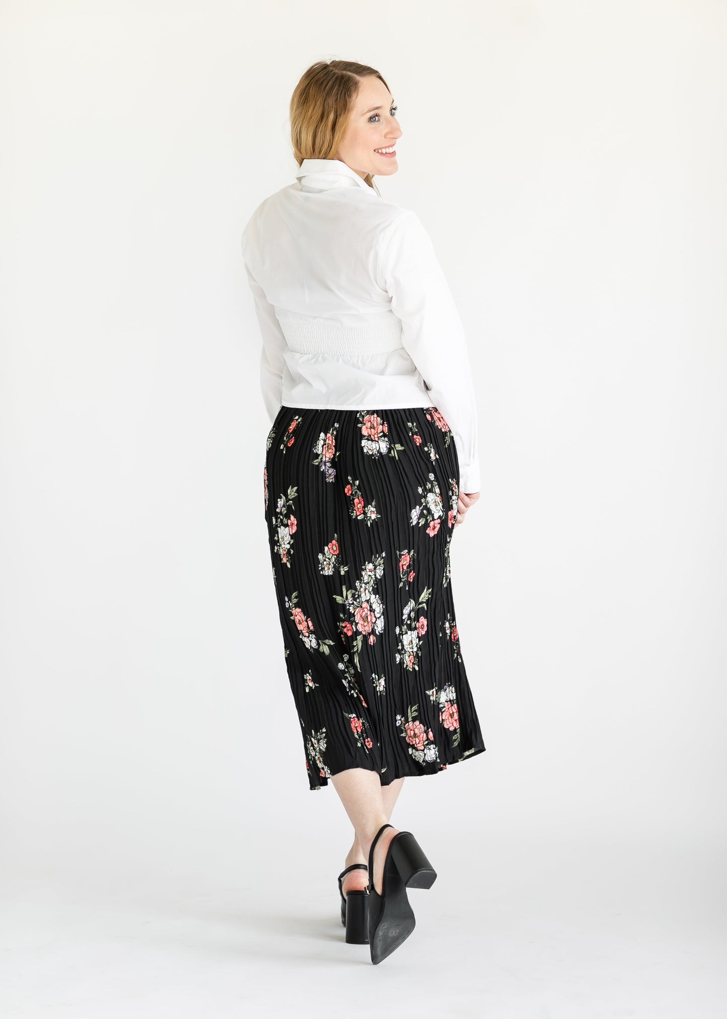 Black Floral Pleated Midi Skirt FF Skirts