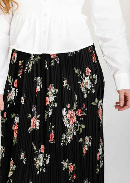 Black Floral Pleated Midi Skirt FF Skirts