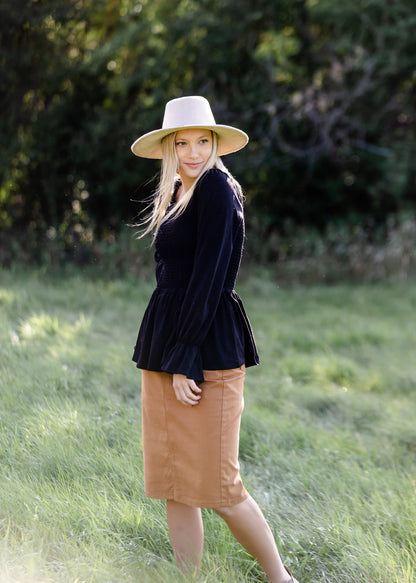 Black Long Sleeve Smocked Top - FINAL SALE FF Tops