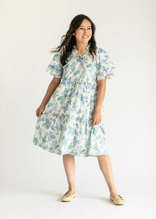 Blue Floral Ruffle Midi Dress FF Dresses