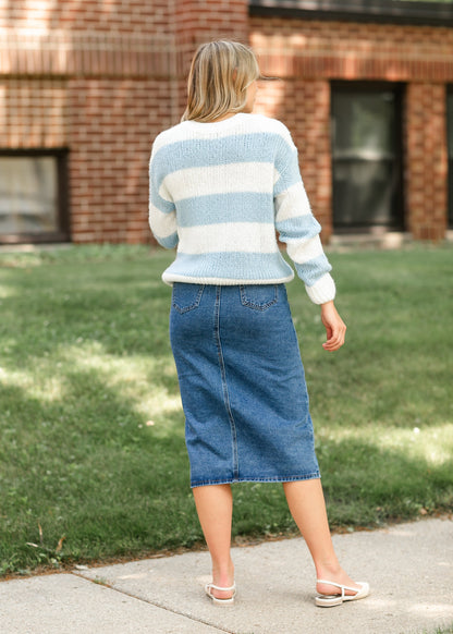 Blue Stripe Chunky Knit Sweater FF Tops