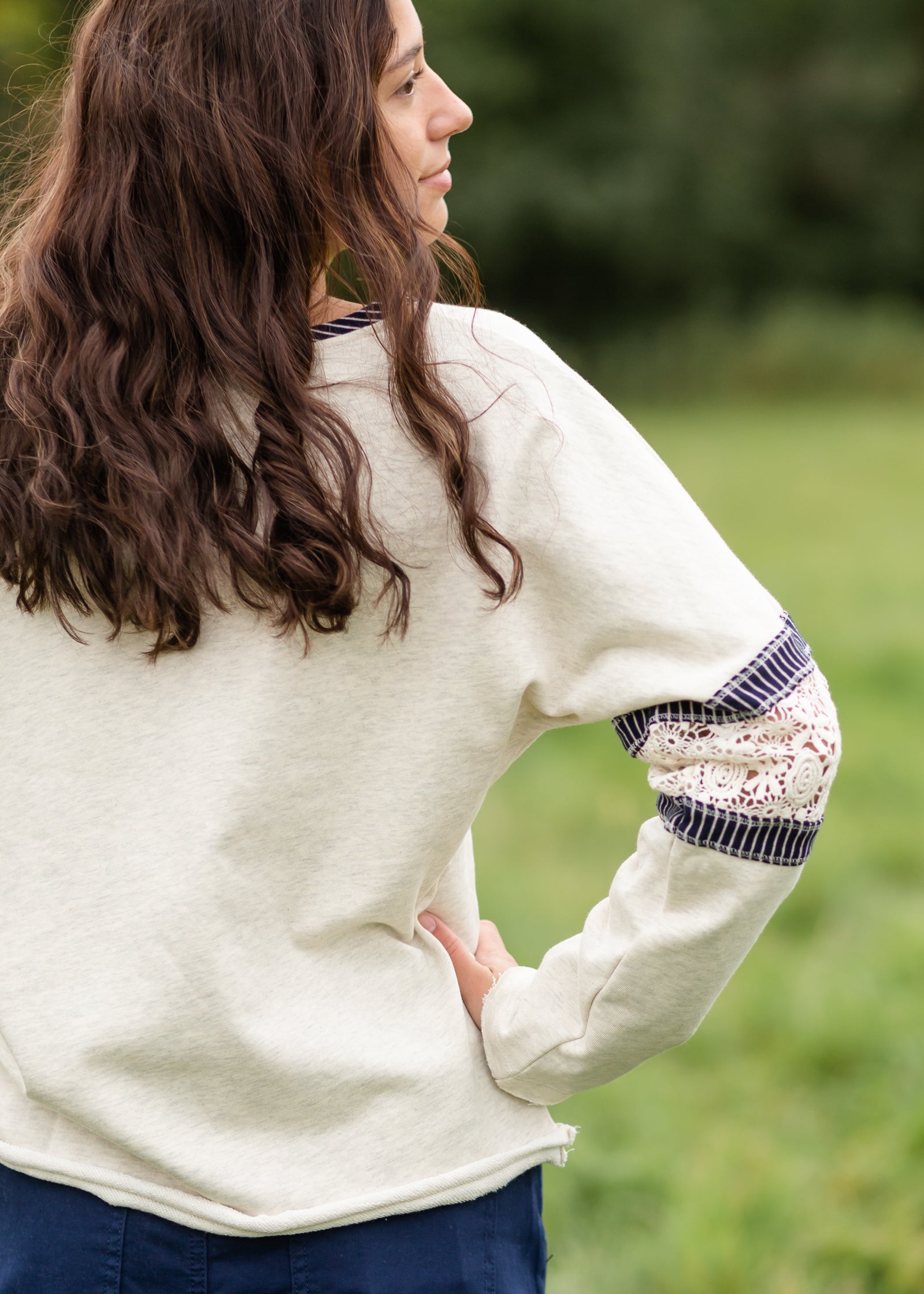 Boat Neck Crochet Lace Sleeve Sweatshirt - FINAL SALE FF Tops