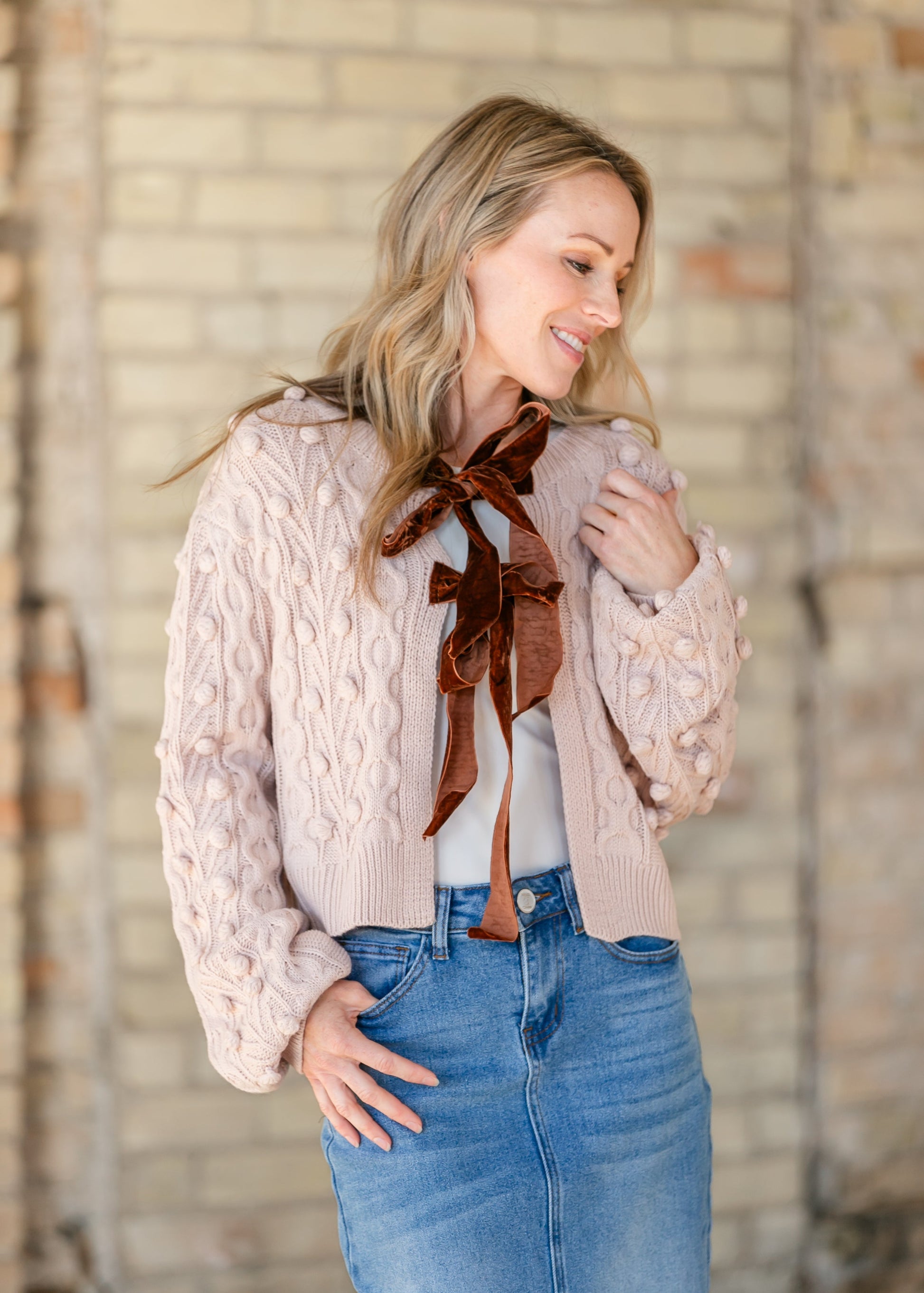 Bow Tie Closure Cable Knit Cardigan FF Tops