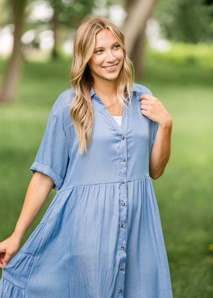 Brenna Chambray Tiered Shirt Midi Dress IC Dresses