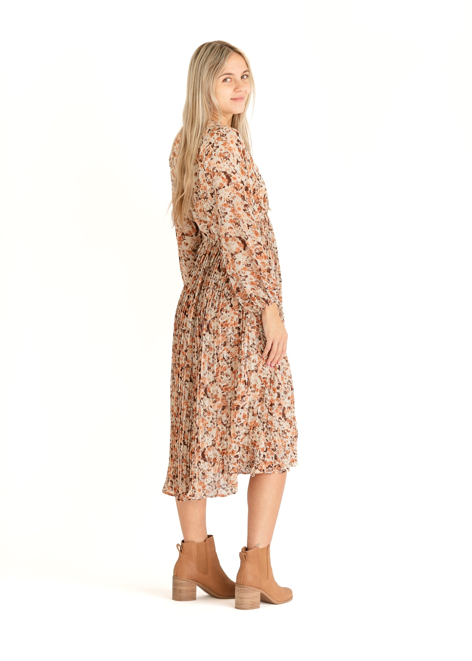 Brown Floral Pleated Midi Dress FF Dresses