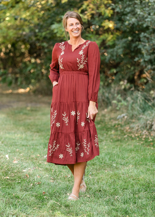 Burgundy Embroidered Long Sleeve Maxi Dress FF Dresses