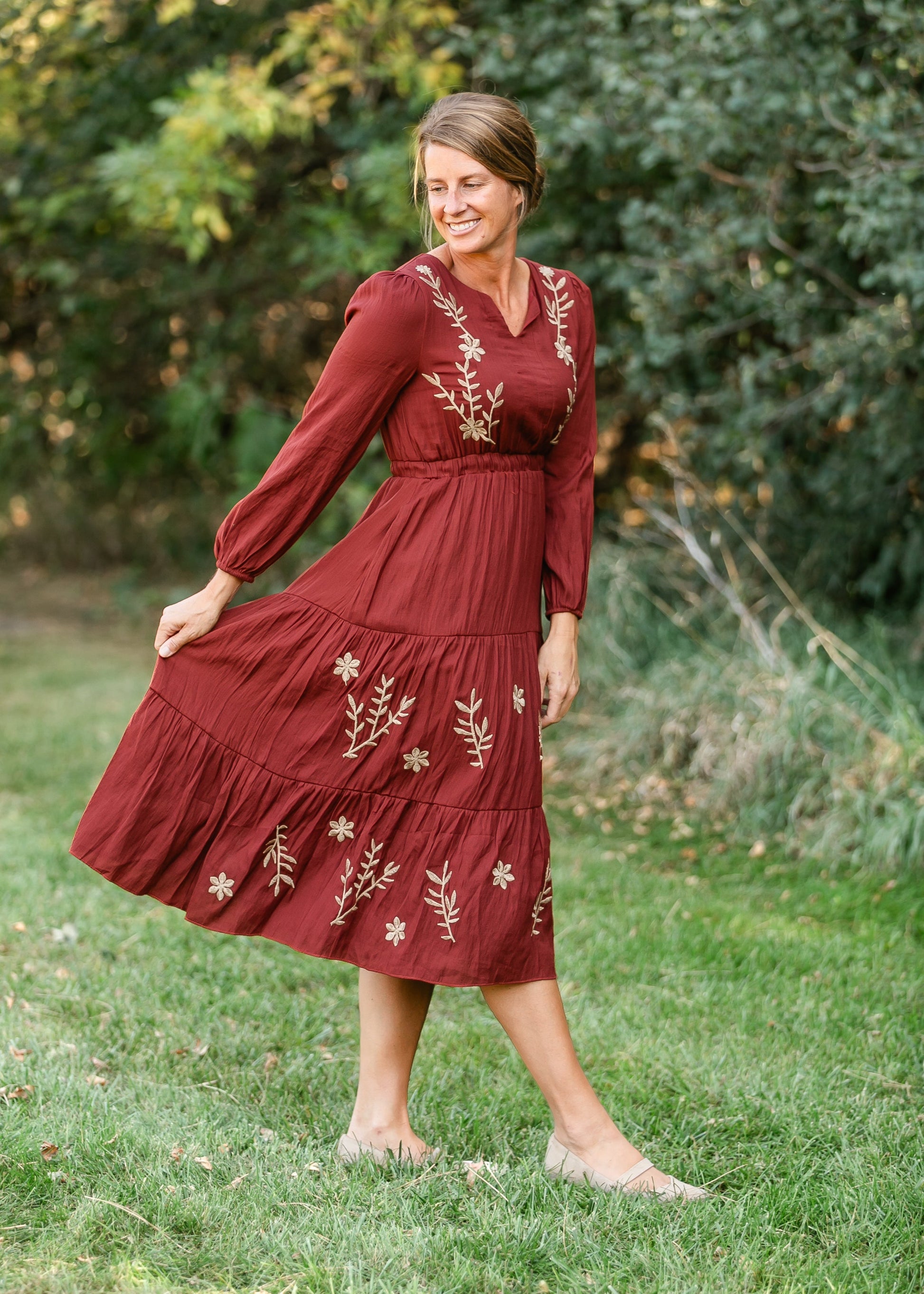 Burgundy Embroidered Long Sleeve Maxi Dress FF Dresses