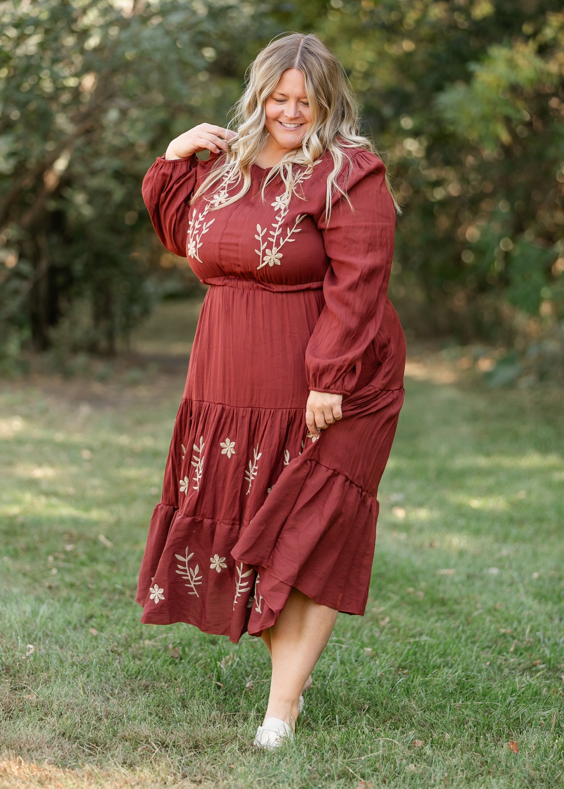 Burgundy Embroidered Long Sleeve Maxi Dress FF Dresses