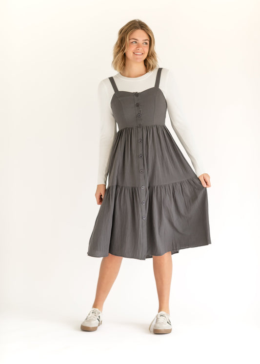 Button Front Charcoal Jumper Dress FF Dresses