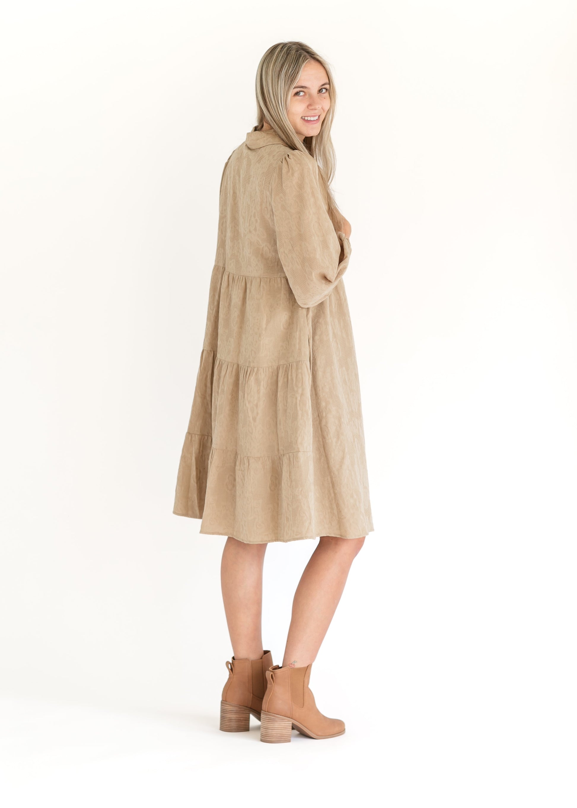 Button Up Embroidered Taupe Shirt Dress FF Dresses