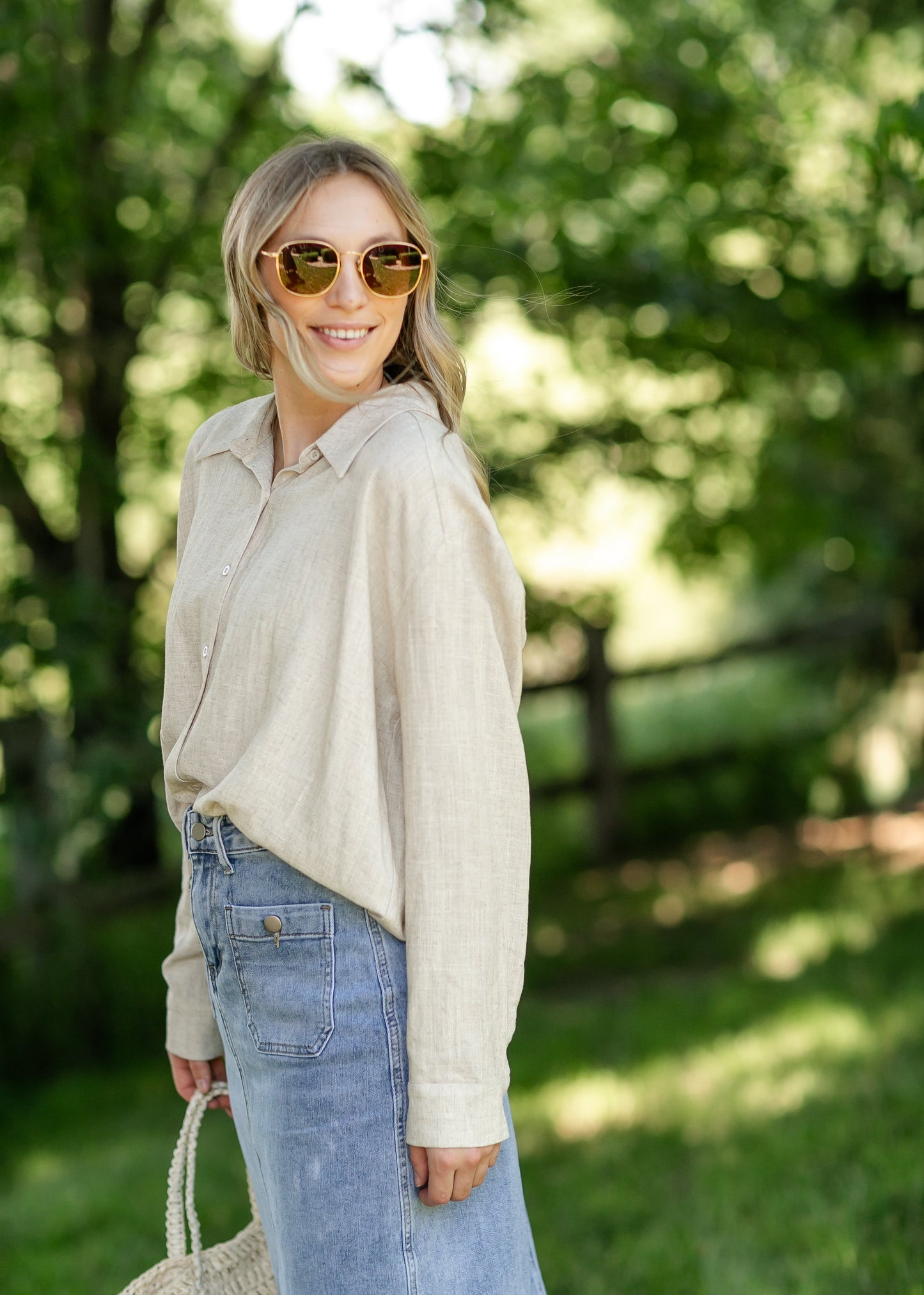 Button Up Linen Blend Tan Top FF Tops