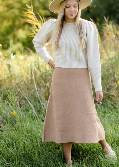 Camel Ribbed A Line Knit Midi Skirt - FINAL SALE FF Skirts