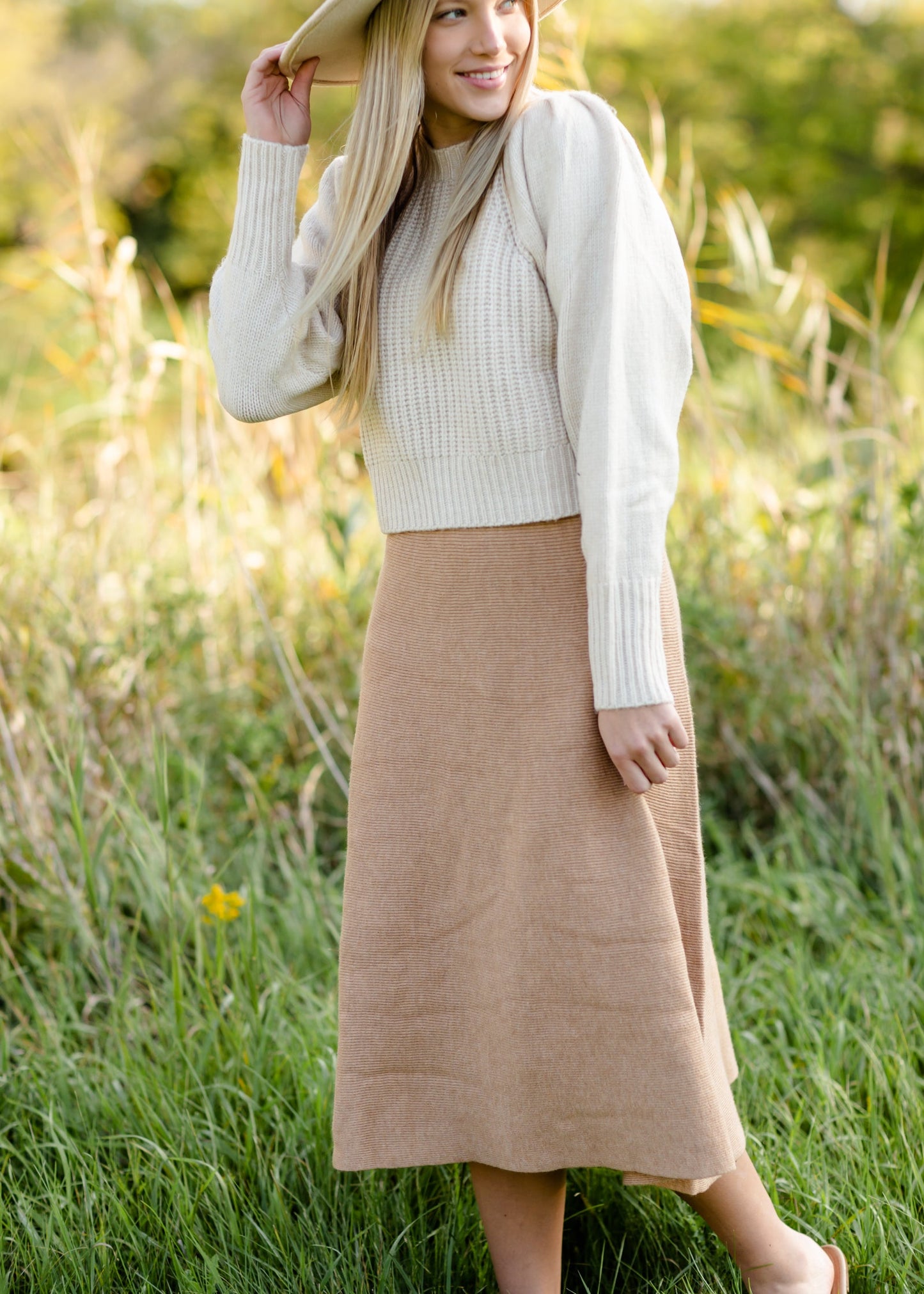 Camel Ribbed A Line Knit Midi Skirt - FINAL SALE FF Skirts